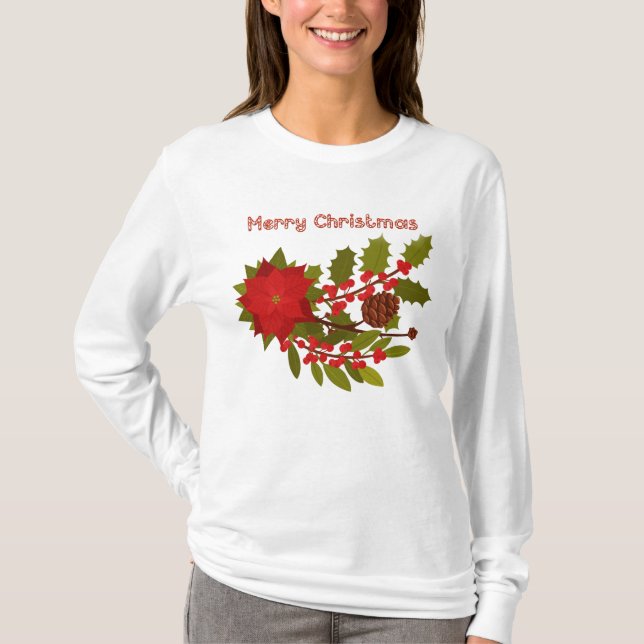 Poinsettia und Holly, frohe Weihnachten T-Shirt (Vorderseite)