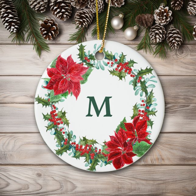 Poinsettia und Holly Wreath Weihnachten Keramik Ornament (Von Creator hochgeladen)