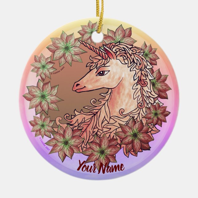 Poinsettia Unicorn Keramik Ornament (Vorne)