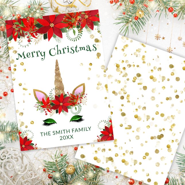 Poinsettia Unicorn mit grüner Weihnachtskarte Einladung (Von Creator hochgeladen)