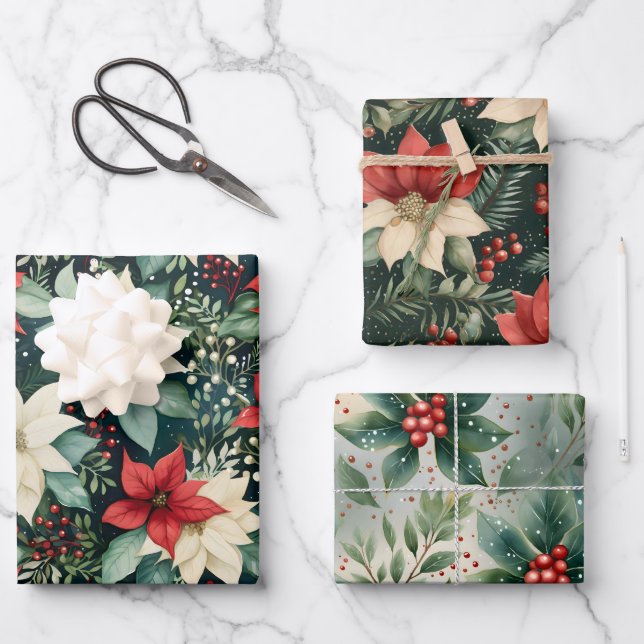Poinsettia Weihnachtsblätter Geschenkartikel Geschenkpapier Set (Vorderseite)