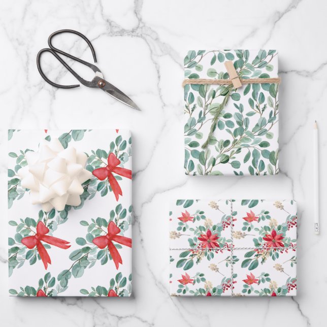 Poinsettia Weihnachtsfarben Geschenkpapier Set (Vorderseite)