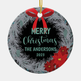 Poinsettia Weihnachtskranz Familienname und Jahr Keramik Ornament