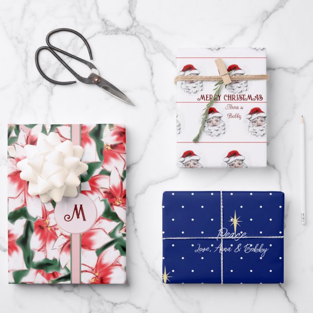 Poinsettia Weihnachtsmann Stern von Bethlehem Weih Geschenkpapier Set (Vorderseite)