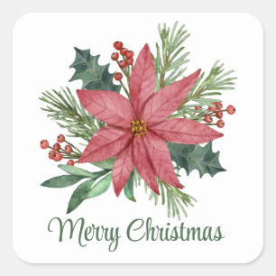 Poinsettia Winter Red Floral Frohe Weihnachten Quadratischer Aufkleber