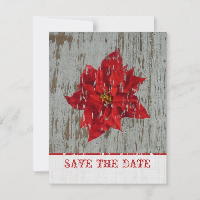 Poinsettia & Wood Save the Date Winterhochzeit (Vorderseite)