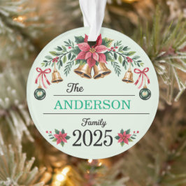 Poinsettia Wreath Bells Family Name 2025 Christmas Ornament