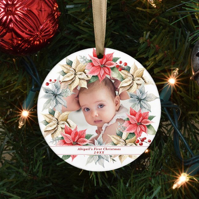 Poinsettia Wreath & Foto Baby's First Christmas Keramik Ornament (Von Creator hochgeladen)