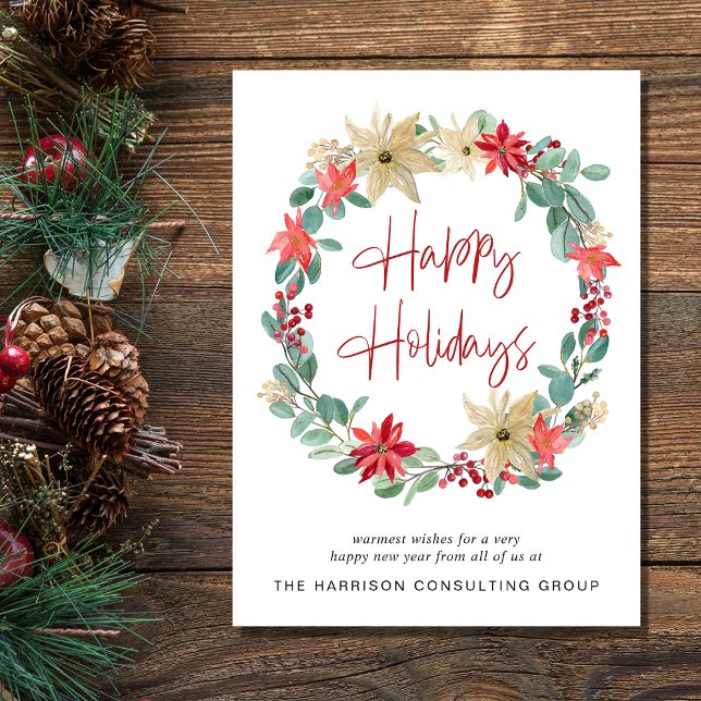 Poinsettia Wreath Holiday Car Feiertagskarte (Spread the joy of the season and strengthen business relationships with our elegant holiday card)