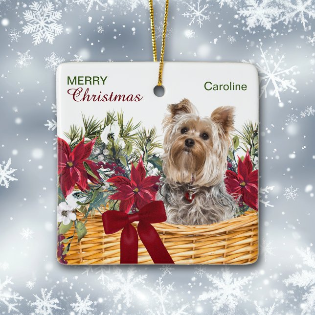 Poinsettia Yorkie Terrier Christmas Basket Keramikornament (Von Creator hochgeladen)