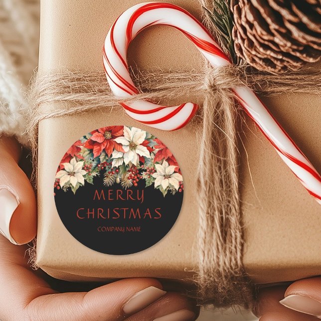Poinsettias Frohe Weihnachten Runder Aufkleber (Poinsettias Merry Christmas Classic Round Sticker)