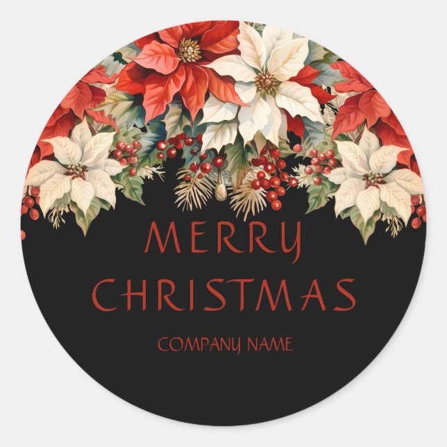 Poinsettias Frohe Weihnachten Runder Aufkleber (Vorderseite)