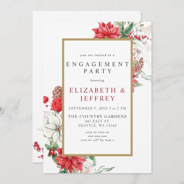 Poinsettias Gold Holly Weihnachts-Engagement Parte Einladung (Vorne/Hinten)