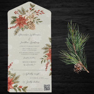 Poinsettias & Holly on Snowy Sage QR Code All In One Einladung