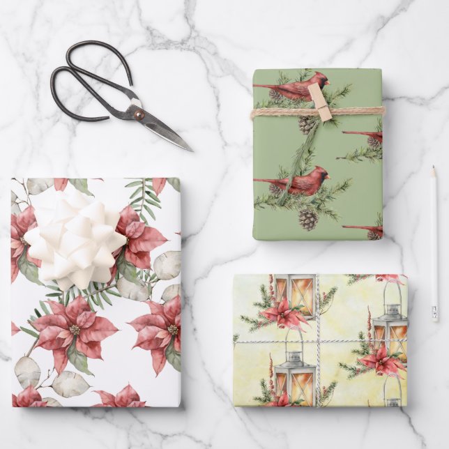 Poinsettias, Kardinäle und Kiefernfächer Geschenkpapier Set (Vorderseite)