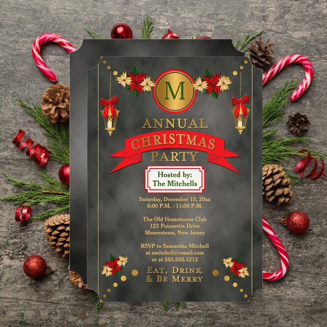 Poinsettias | Lanterns Monogram Christmas Party Einladung (Poinsettias Lanterns Monogram Christmas Party Invitation)