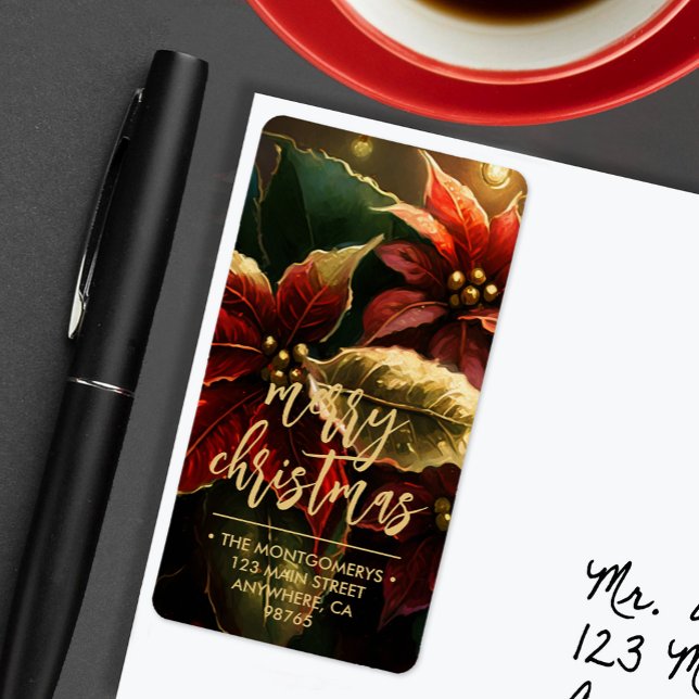 Poinsettias Merry Christmas Return Address Adressaufkleber (Red and gold poinsettias Merry Christmas large vertical return address labels)