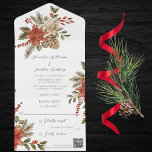 Poinsettias mit Holly auf weißem QR-Code All In One Einladung<br><div class="desc">Erleben Sie die bezaubernde Schönheit eines Winterwunderlandes mit dieser exquisiten All-in-One-Hochzeitseinladung, die ein atemberaubendes Design von Rot- und Elfenbein-Poinsettias mit Set aus Heilig- und Kiefernbäumen vor weißem Hintergrund bietet. Diese Einladung verkörpert den Zauber und die Romantik Ihres besonderen Tages. Die All-in-One Hochzeitseinladungen sind schön und praktisch, indem sie die Hochzeitseinladung...</div>