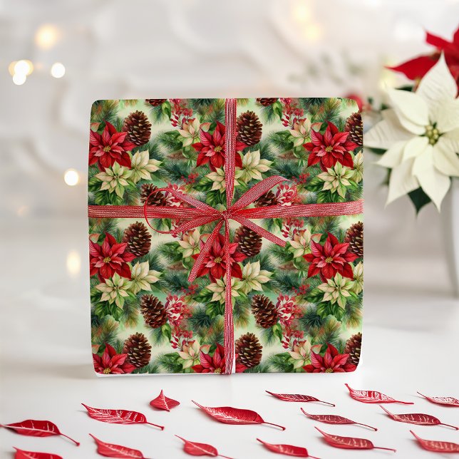 Poinsettias Pinien und Pinecones Weihnachtsfeierta Geschenkpapier (Elegant Nostalgic Watercolor Poinsettias, Pine and Pinecones Christmas Holiday Wrapping Paper)