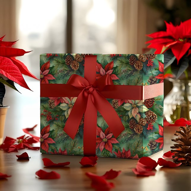 Poinsettias Pinien und Pinecones Weihnachtsfeierta Geschenkpapier (Elegant Nostalgic Watercolor Poinsettias, Pine and Pinecones Christmas Holiday Wrapping Paper)