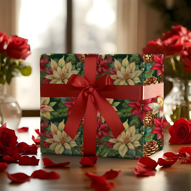 Poinsettias Pinien und Pinecones Weihnachtsfeierta Geschenkpapier (Elegant Nostalgic Watercolor Poinsettias, Pine and Pinecones Christmas Holiday Wrapping Paper)