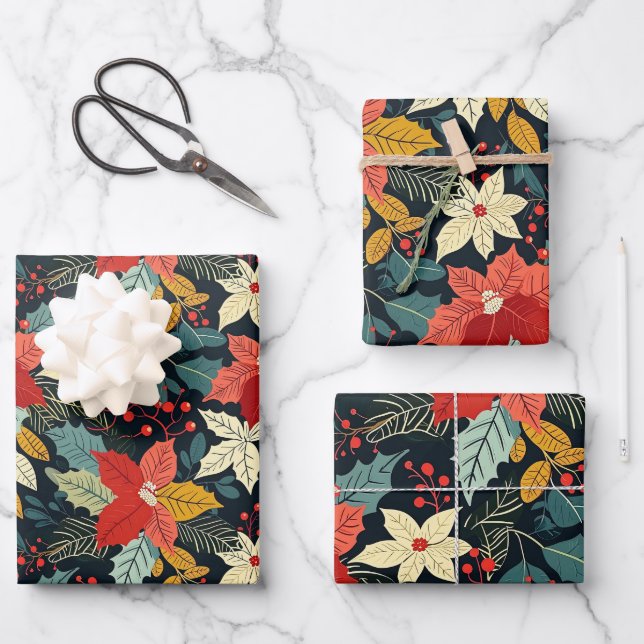 Poinsettias Retro Christmas Geschenkpapier Set (Vorderseite)
