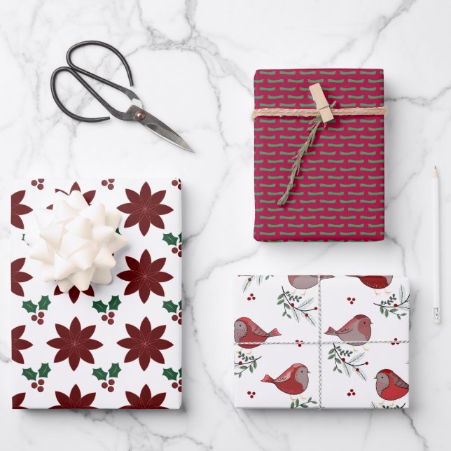 Poinsettias, Stipples, Birdies -  Geschenkpapier Set (Vorderseite)