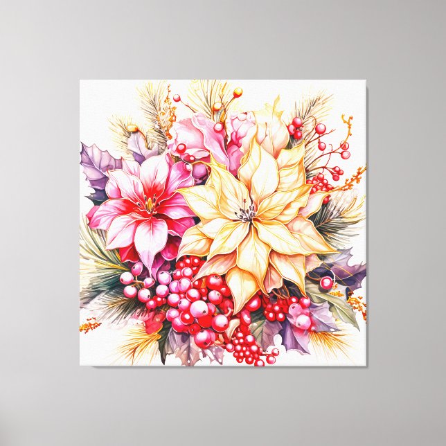 Poinsettias und Christmas Holly Leinwanddruck (Vorderseite)
