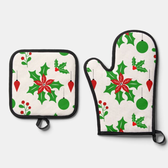 Poinsettias und Hollies in Weiß Ofenhandschuh & Topflappen-Set (Vorderseite)