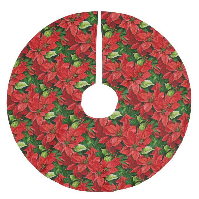 Poinsettias und Holly-Blätter Polyester Weihnachtsbaumdecke (Vorderseite)