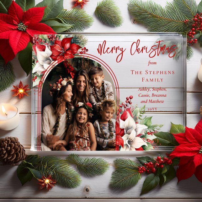 Poinsettias und Pine Arched Foto Frohe Weihnachten Acryleinladungen (Elegant Poinsettias, Holly and Berries Arched Photo "Merry Christmas" Acrylic Family Greeting Card)