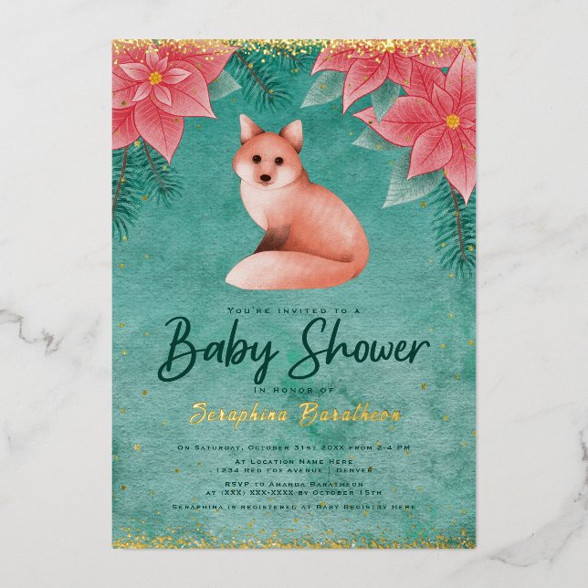 Poinsettias und Red Fox Winter Baby Shower Folieneinladung (Vorderseite)
