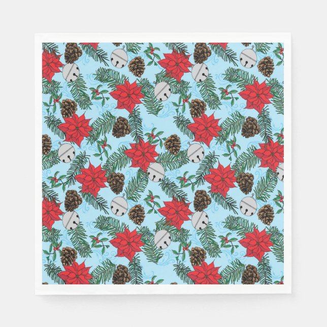 Poinsettias und Silberglocken in Blue Paper Napkin Serviette (Vorderseite)