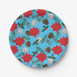 Poinsettias und Silberglocken in Tellern mit blaue Pappteller