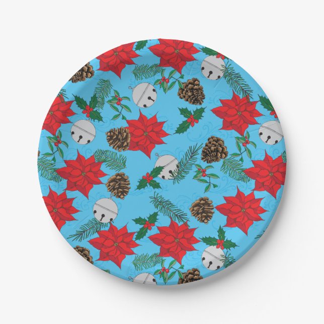 Poinsettias und Silberglocken in Tellern mit blaue Pappteller (Vorderseite)