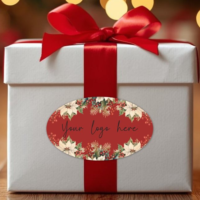 Poinsettias Weihnachtslogo Ovaler Aufkleber (Poinsettias Christmas Logo Oval Sticker)