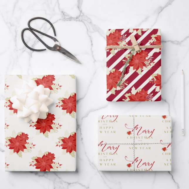 Poinsettias Whimsical Merry Christmas Geschenkpapier Set (Vorderseite)