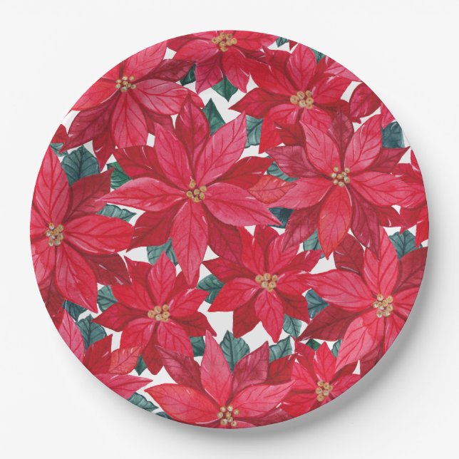 Poinsettias Winter Shelter Round Pouf Pappteller (Vorderseite)