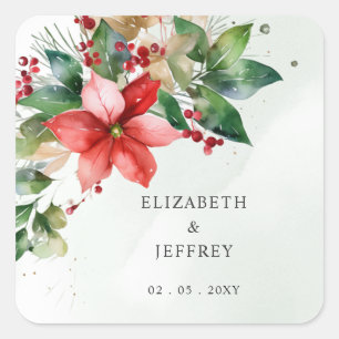 Poinsettien-Blumen-Winter-Weihnachts-Kranz-Hochzei Quadratischer Aufkleber