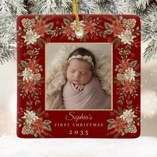 Poinsettien-Foto zum ersten Weihnachten des Babys Keramikornament