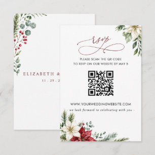 Poinsettien Tannenzapfen Weihnachtshochzeit QR COD RSVP Karte