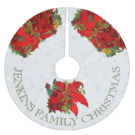 Poinsettien und weiße Schneeflocken mit Text Polyester Weihnachtsbaumdecke