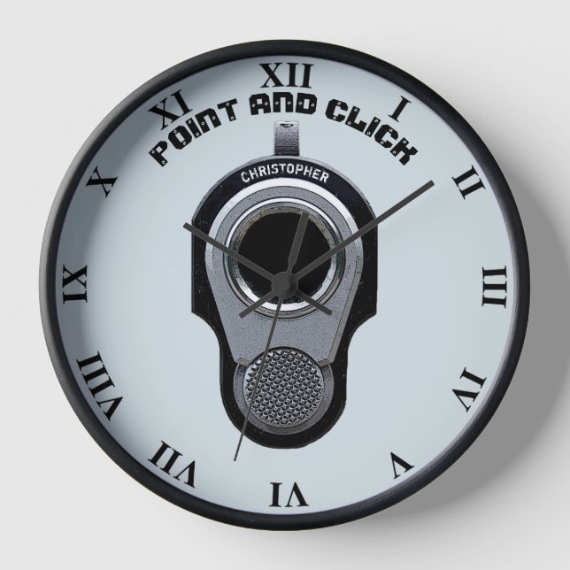 Point and Clock Gun Zeichne mit Ihrem Namen Funny Uhr (Vorderseite)