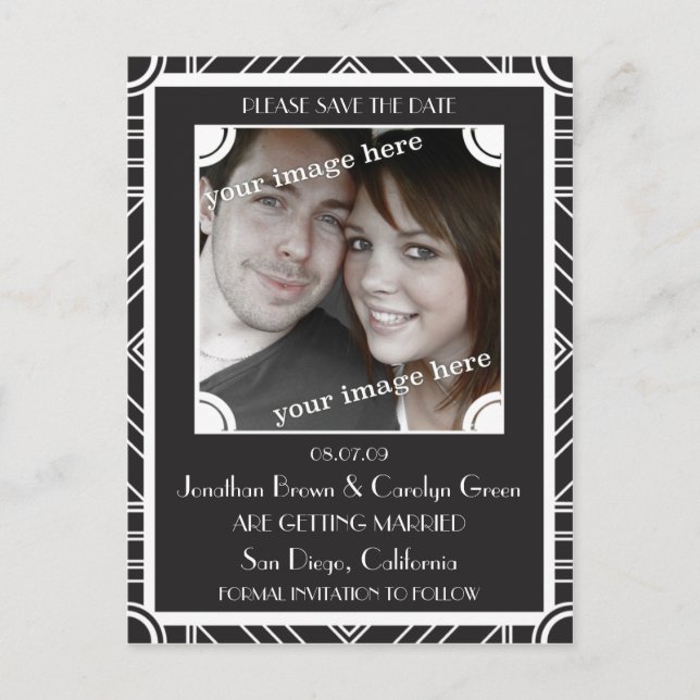 Point Block Black Art Deco Save the Date Postkarte (Vorderseite)