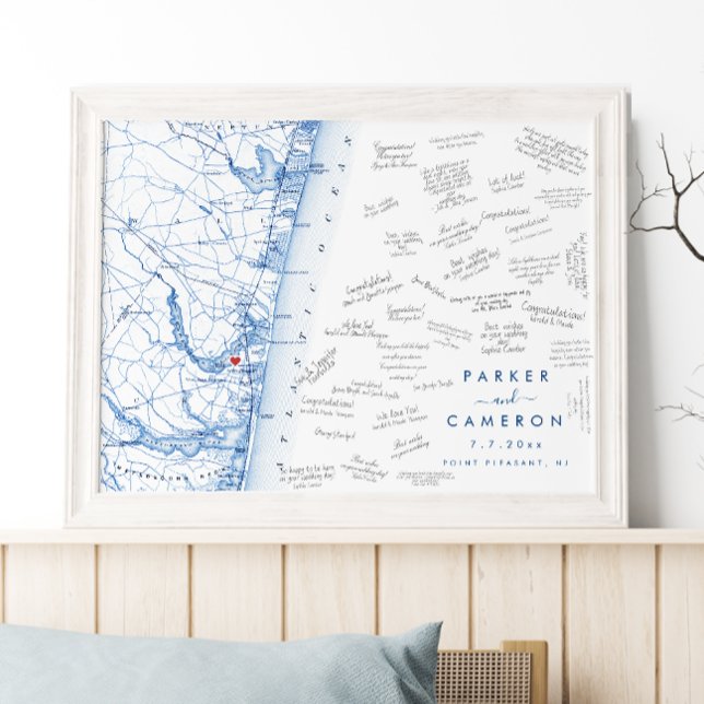 Point Pleasant NJ Wedding Map Gästebuchposter Poster (Point Pleasant NJ Map Wedding guest book poster in modern navy blue from Coastal Map Designs)