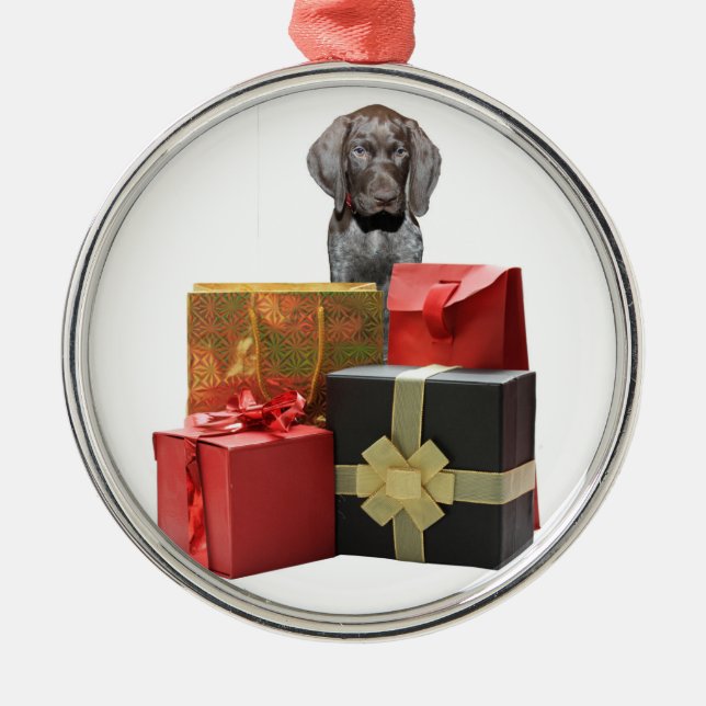 Pointer Puppy Christmas Geschenke Silbernes Ornament (Vorne)