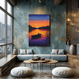 Pointillismus-Sonnenuntergang mit Ruderboot auf de Poster