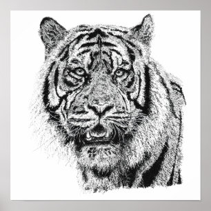 Pointillismus-Tigerkopf Schwarz-Weiß-Wildtierkunst Poster