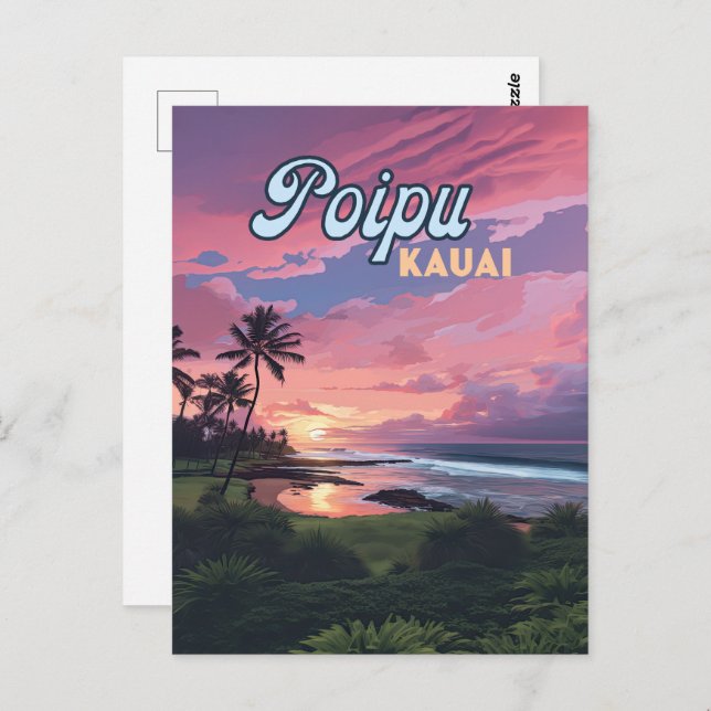 Poipu Kauai Hawaii Beach Palm Trees Retro Postkarte (Vorne/Hinten)