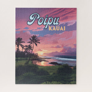 Poipu Kauai Hawaii Beach Palm Trees Retro Puzzle